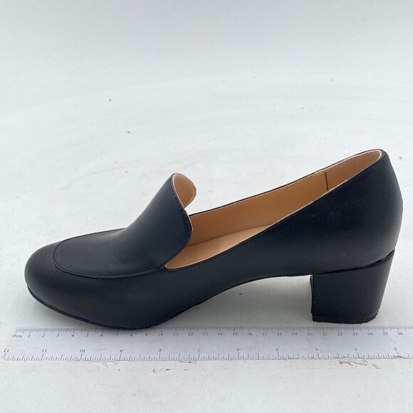 FOWT Black Loafer Slip Ons Closed Round Toe Block Chunky Heels Pumps Shoes - Picture 2 of 7